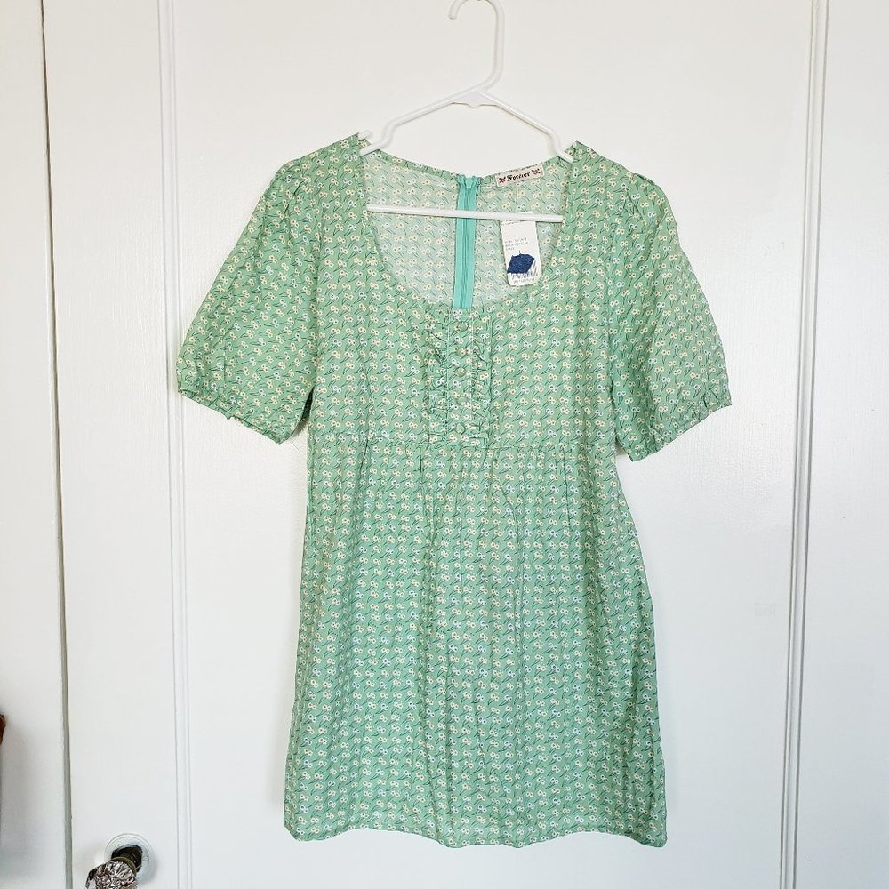Forever 21 Mint Green Floral Babydoll Tunic Top Ruffle Scoop Neck L NWT